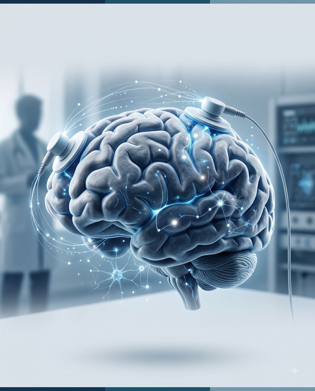 Ilustração de um cérebro com dois eletrodos de tDCS posicionados sobre o córtex